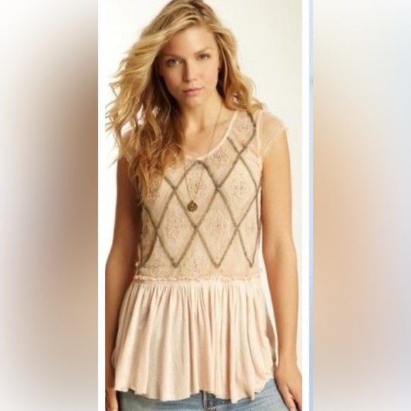 Free People Holiday to India Cap Sleeve Beaded Peplum Semi Sheer Top in Pink S - Picture 1 of 9